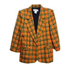 VIRANI Women's Blazer Orange Green Plaid Tweed Blazer Jacket Size 8 Canada Made